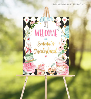 Editable Alice in Wonderland Welcome Sign Alice in Onederland Birthday Sign Girl Pink Mad Tea Party Shower Template Corjl PRINTABLE 0350