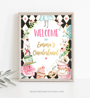 Editable Alice in Wonderland Welcome Sign Alice in Onederland Birthday Sign Girl Pink Mad Tea Party Shower Template Corjl PRINTABLE 0350