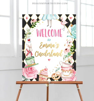 Editable Alice in Wonderland Welcome Sign Alice in Onederland Birthday Sign Girl Pink Mad Tea Party Shower Template Corjl PRINTABLE 0350