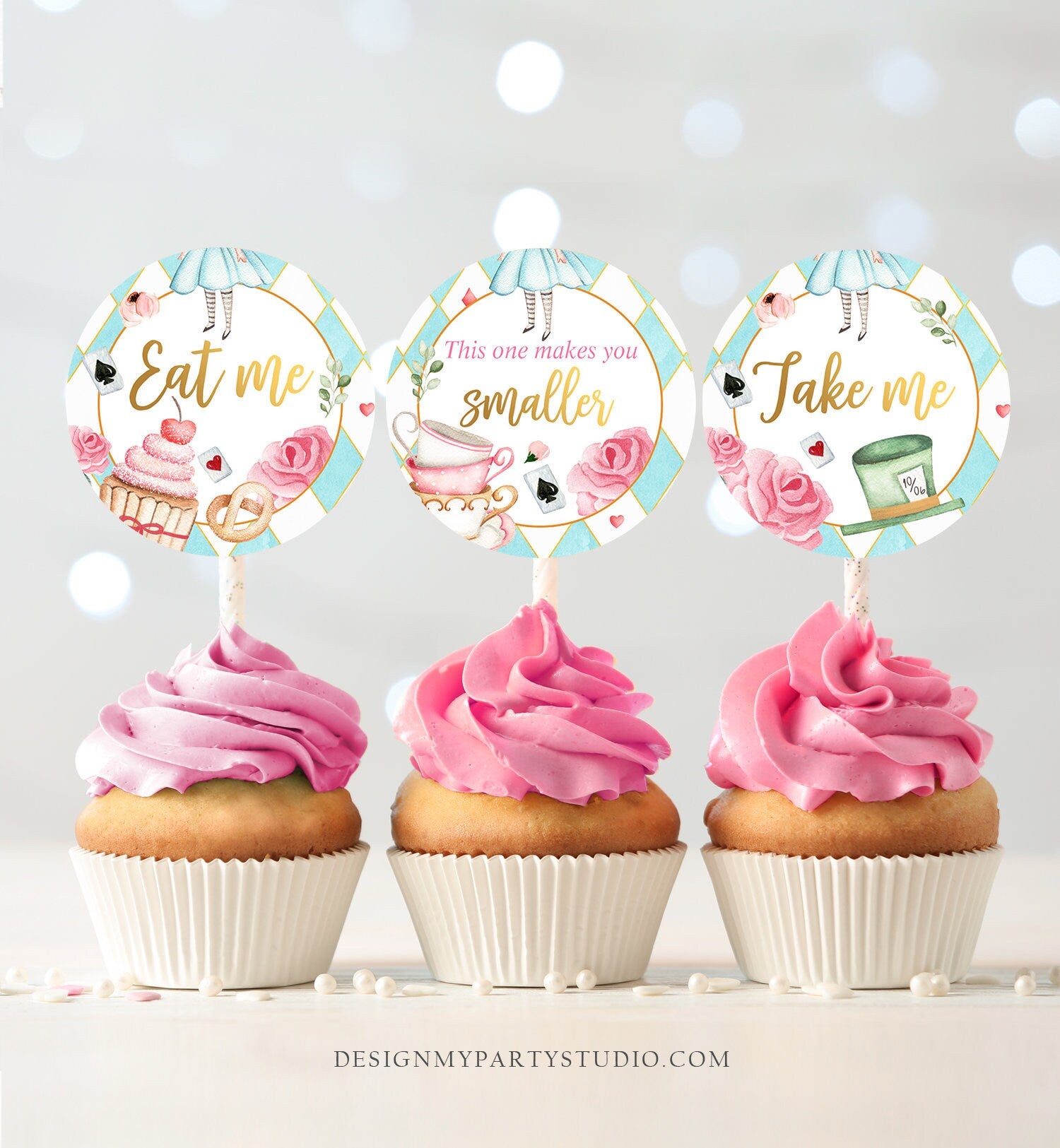 Alice In Wonderland Cupcake Toppers Onederland Favor Tags Alice 1st Birthday Party Decor Mad Tea Party Stickers Pink Digital PRINTABLE 0350