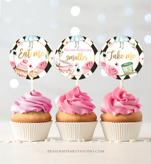 Alice In Wonderland Cupcake Toppers Onederland Favor Tags Alice 1st Birthday Party Decor Mad Tea Party Stickers Pink Digital PRINTABLE 0350