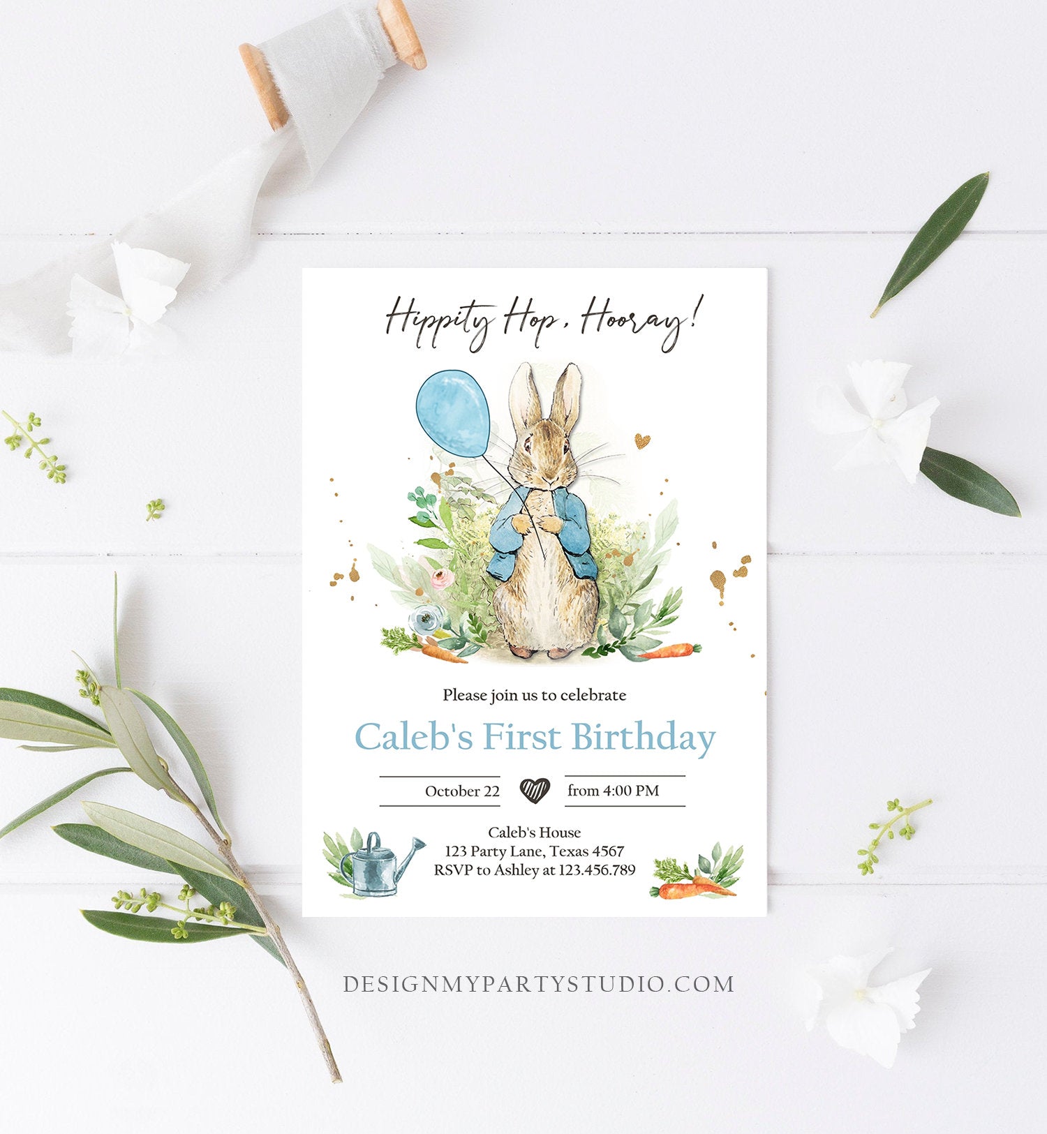 Editable Peter Rabbit Birthday Invitation Boy Blue Rustic Peter Rabbit 1st Birthday Invite Watercolor Digital Corjl Template Printable 0351