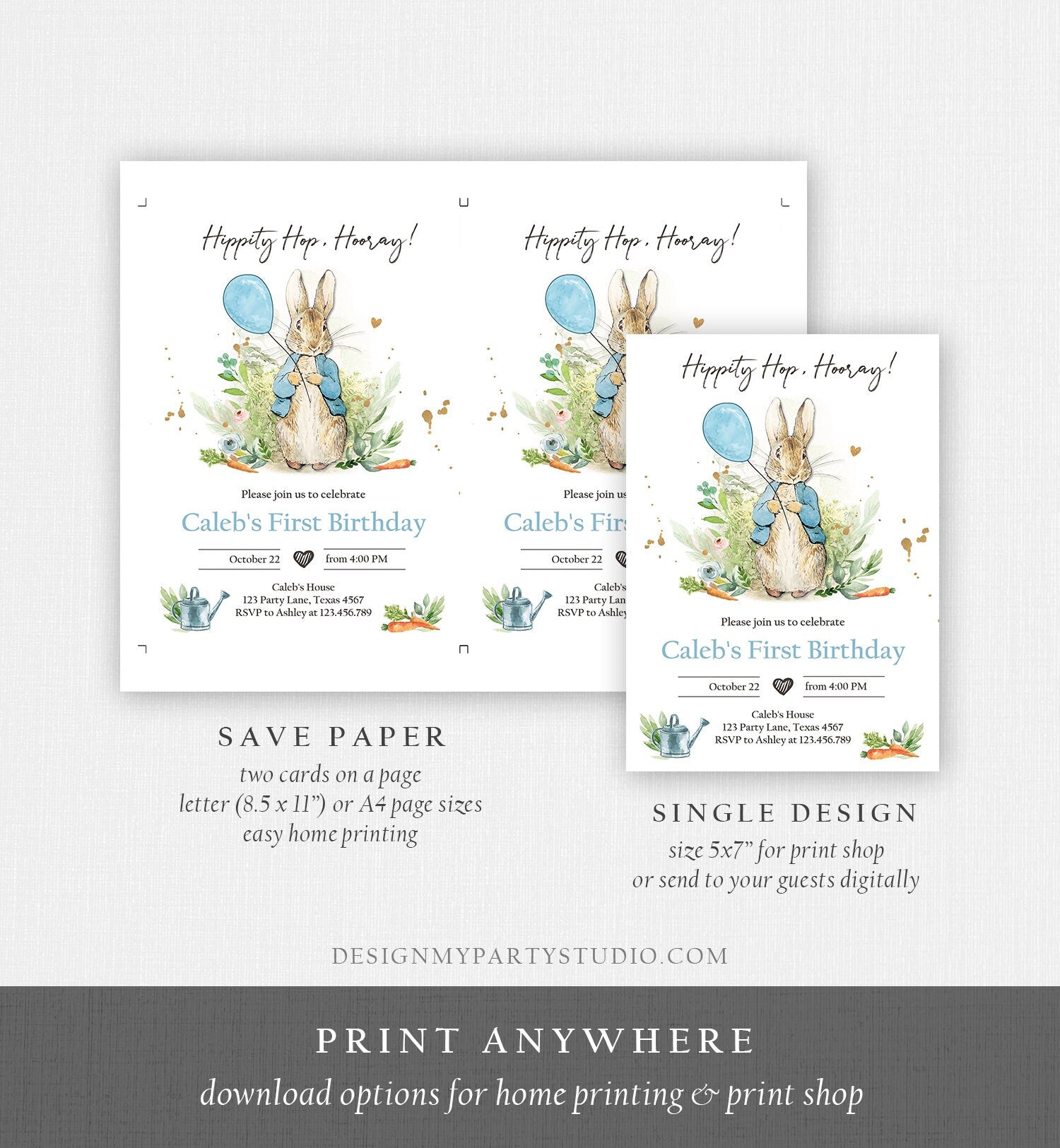 Editable Peter Rabbit Birthday Invitation Boy Blue Rustic Peter Rabbit 1st Birthday Invite Watercolor Digital Corjl Template Printable 0351