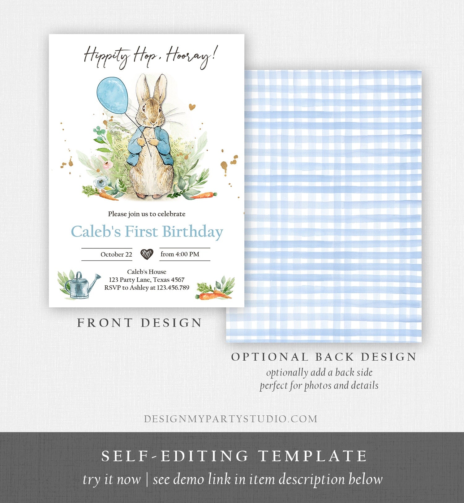 Editable Peter Rabbit Birthday Invitation Boy Blue Rustic Peter Rabbit 1st Birthday Invite Watercolor Digital Corjl Template Printable 0351