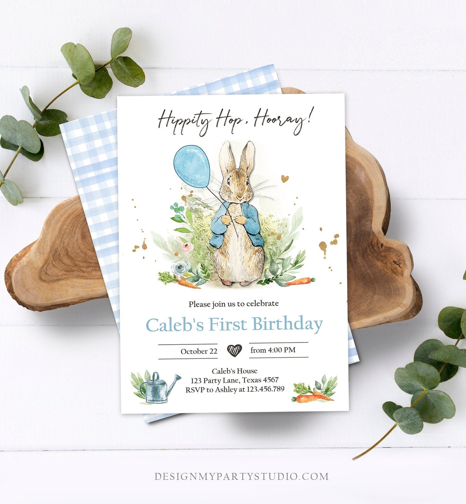 Editable Peter Rabbit Birthday Invitation Boy Blue Rustic Peter Rabbit 1st Birthday Invite Watercolor Digital Corjl Template Printable 0351