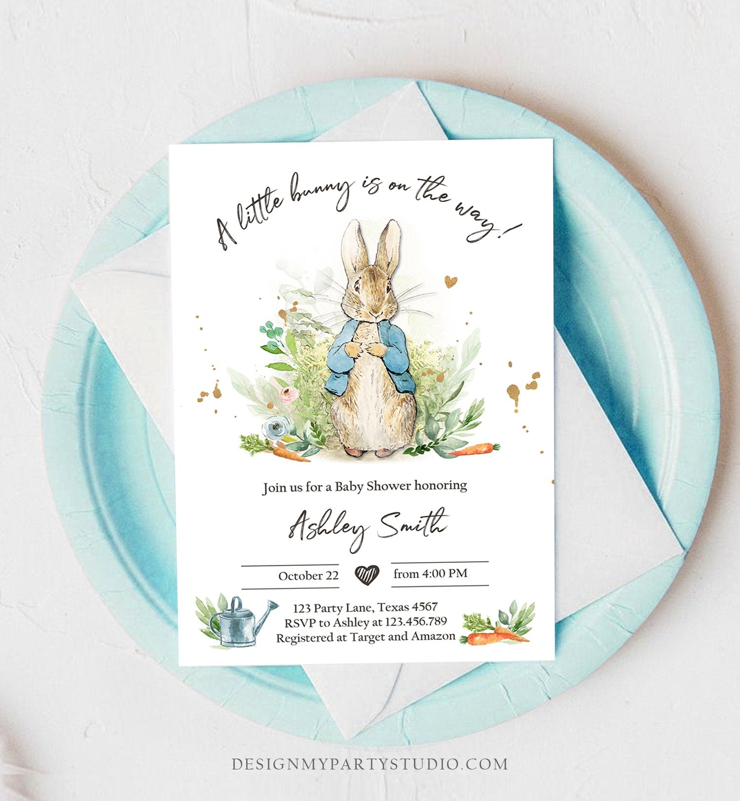 Editable Peter Rabbit Baby Shower Invitation Boy Blue Rustic Peter Rabbit Invitation Spring Sprinkle Digital Corjl Template Printable 0351