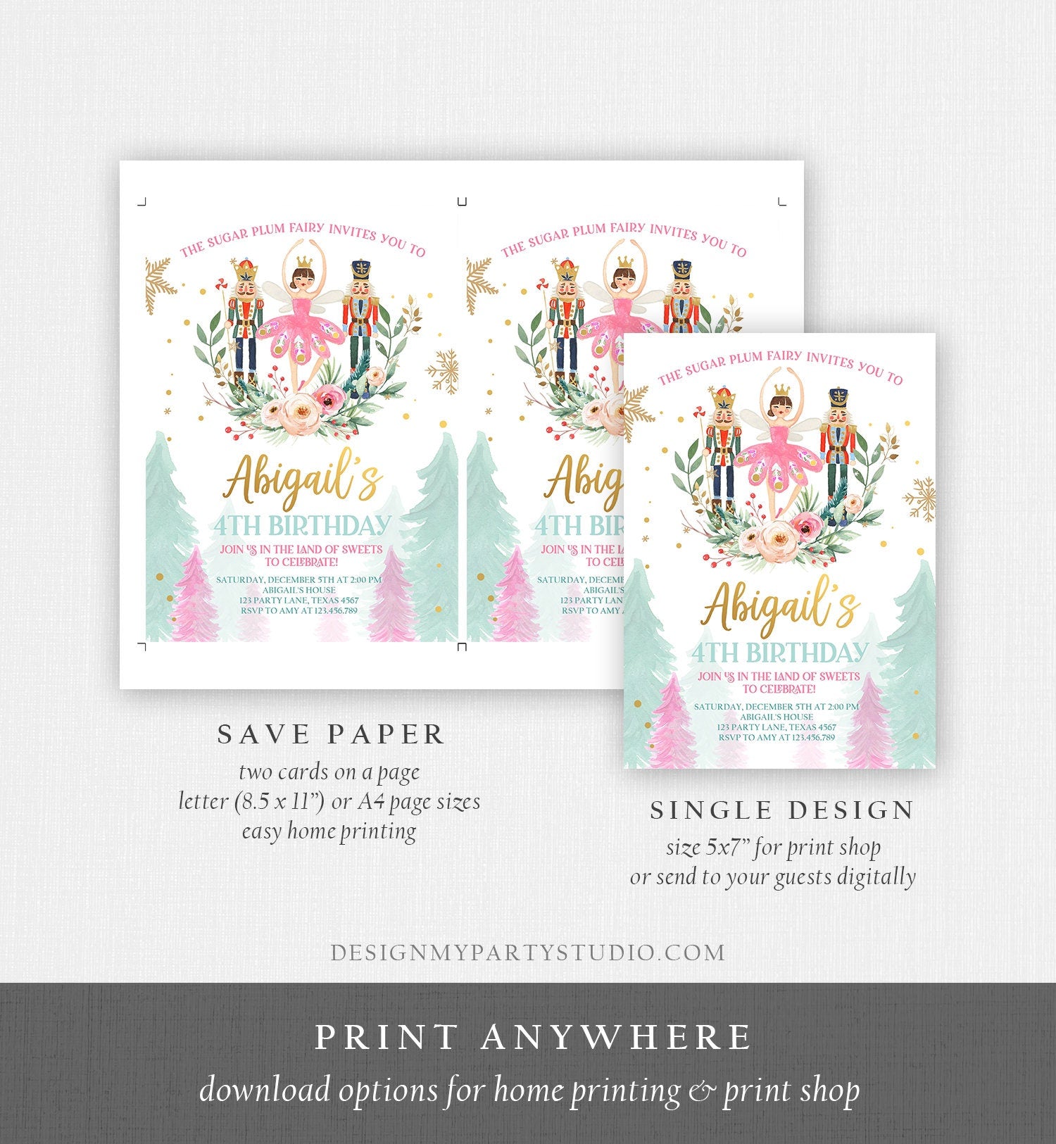 Editable Nutcracker Birthday Invitation Ballet Christmas Birthday Invite Pink Girl Sugar Plum Fairy Download Printable Template Corjl 0352