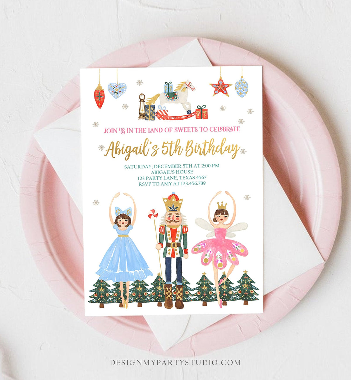 Editable Nutcracker Birthday Invitation Ballet Christmas Birthday Invite Pink Girl Sugar Plum Fairy Download Printable Template Corjl 0352