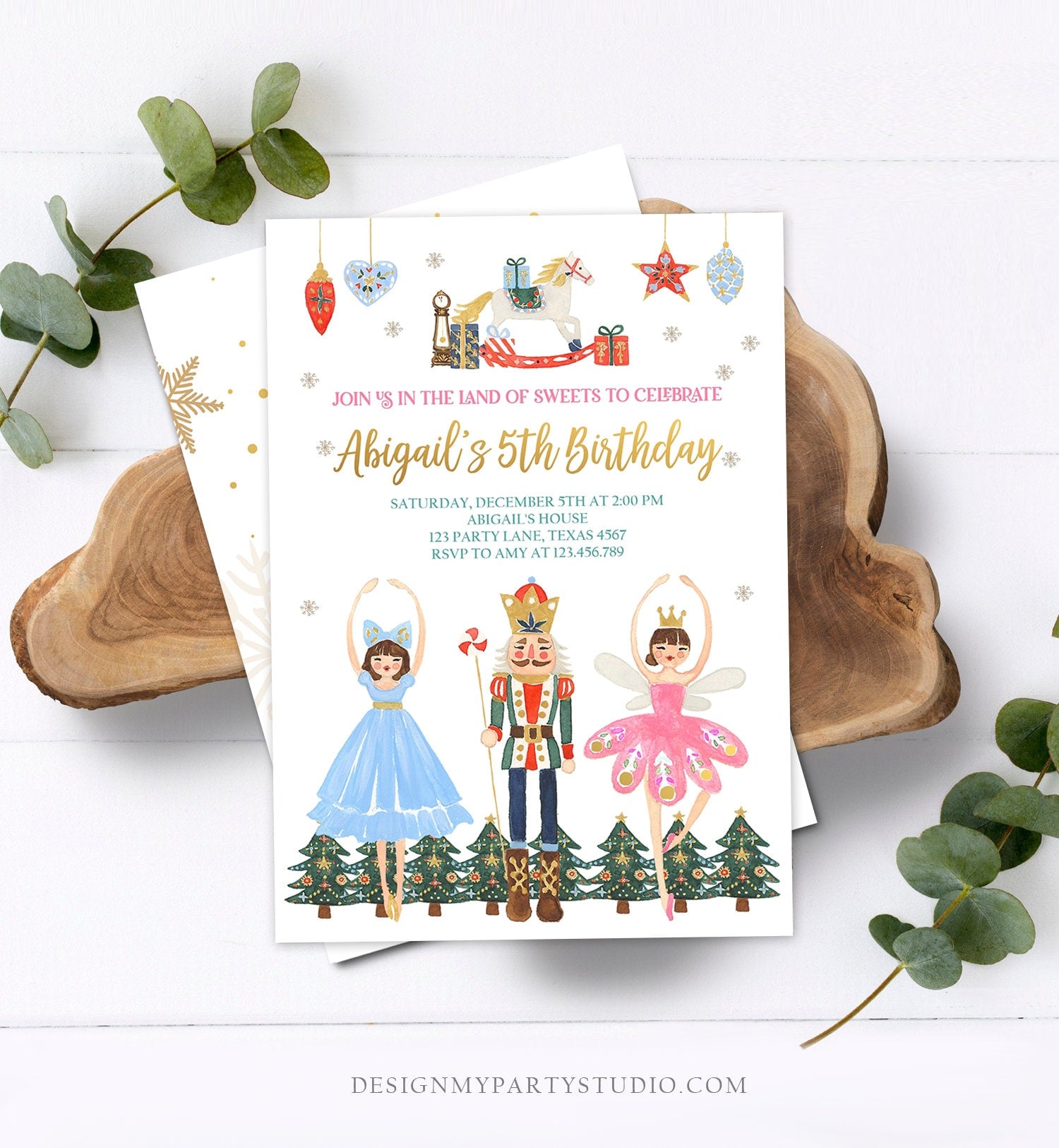 Editable Nutcracker Birthday Invitation Ballet Christmas Birthday Invite Pink Girl Sugar Plum Fairy Download Printable Template Corjl 0352