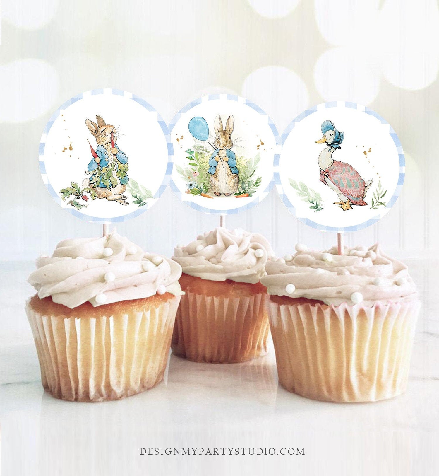 Peter Rabbit Cupcake Toppers Peter Rabbit 1st Birthday Party Decorations Boy Bunny Blue Stickers Tags download Digital PRINTABLE 0351