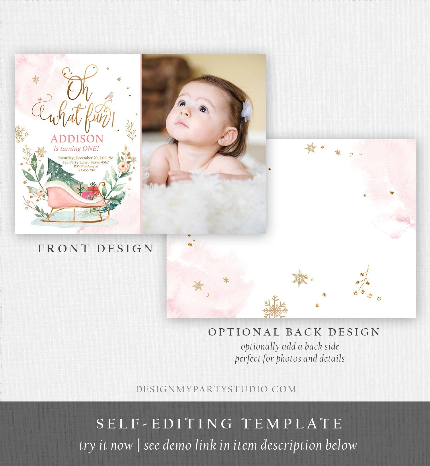 Editable Oh What Fun! Holiday 1st Winter Birthday Invitation Winter Christmas Party Sleigh Trees Girl Pink Gold Printable Template DIY 0353