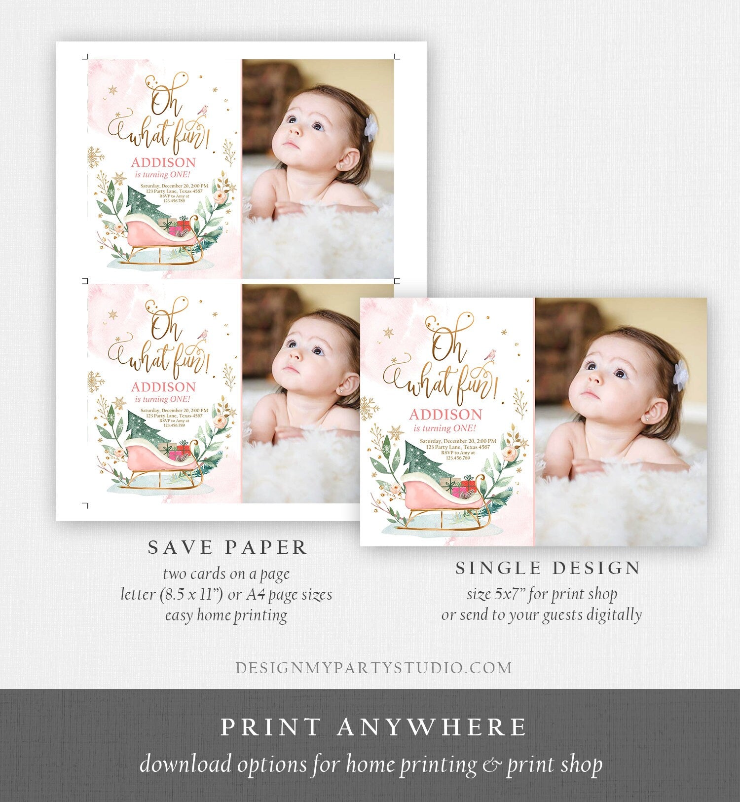 Editable Oh What Fun! Holiday 1st Winter Birthday Invitation Winter Christmas Party Sleigh Trees Girl Pink Gold Printable Template DIY 0353