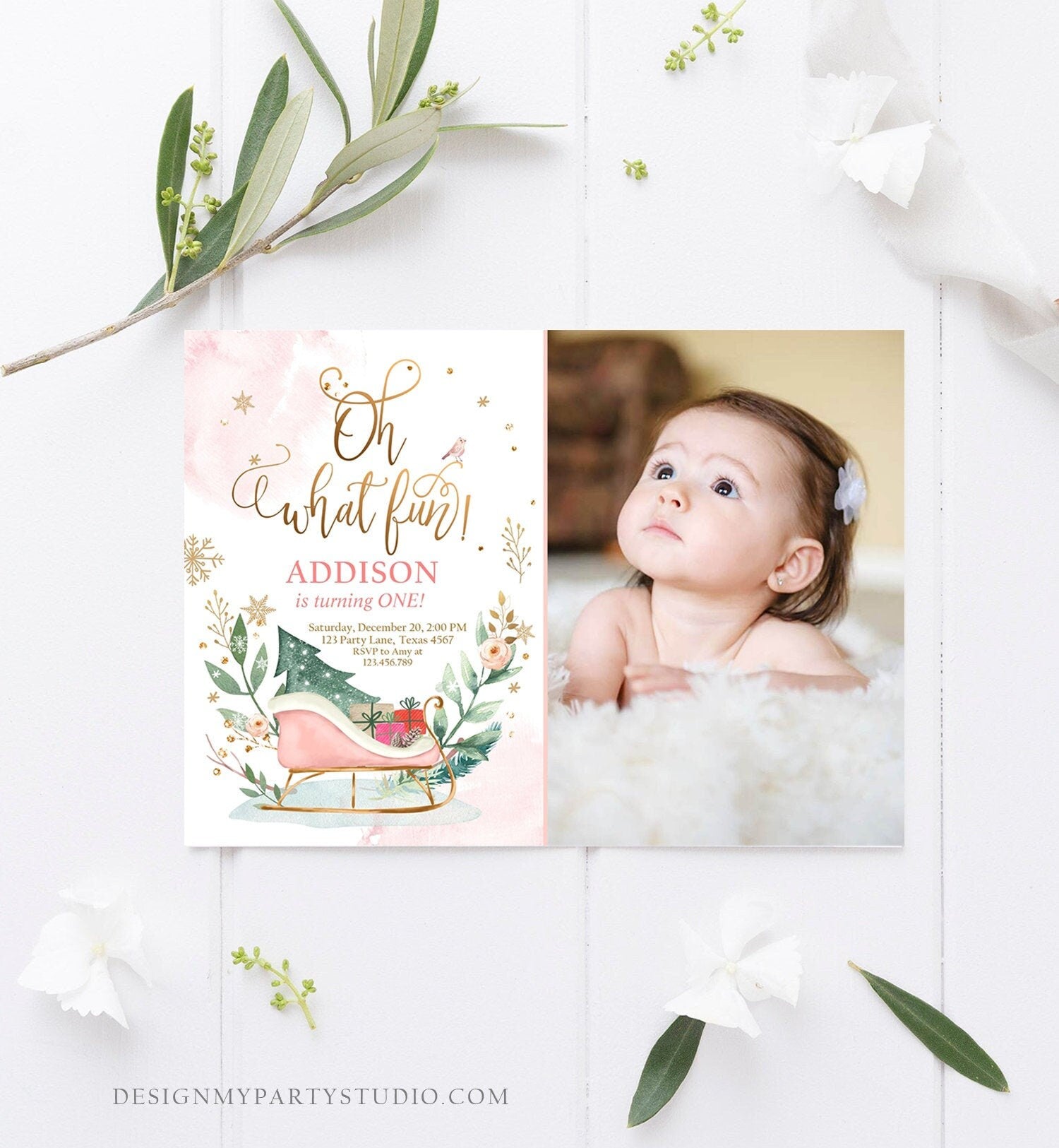 Editable Oh What Fun! Holiday 1st Winter Birthday Invitation Winter Christmas Party Sleigh Trees Girl Pink Gold Printable Template DIY 0353