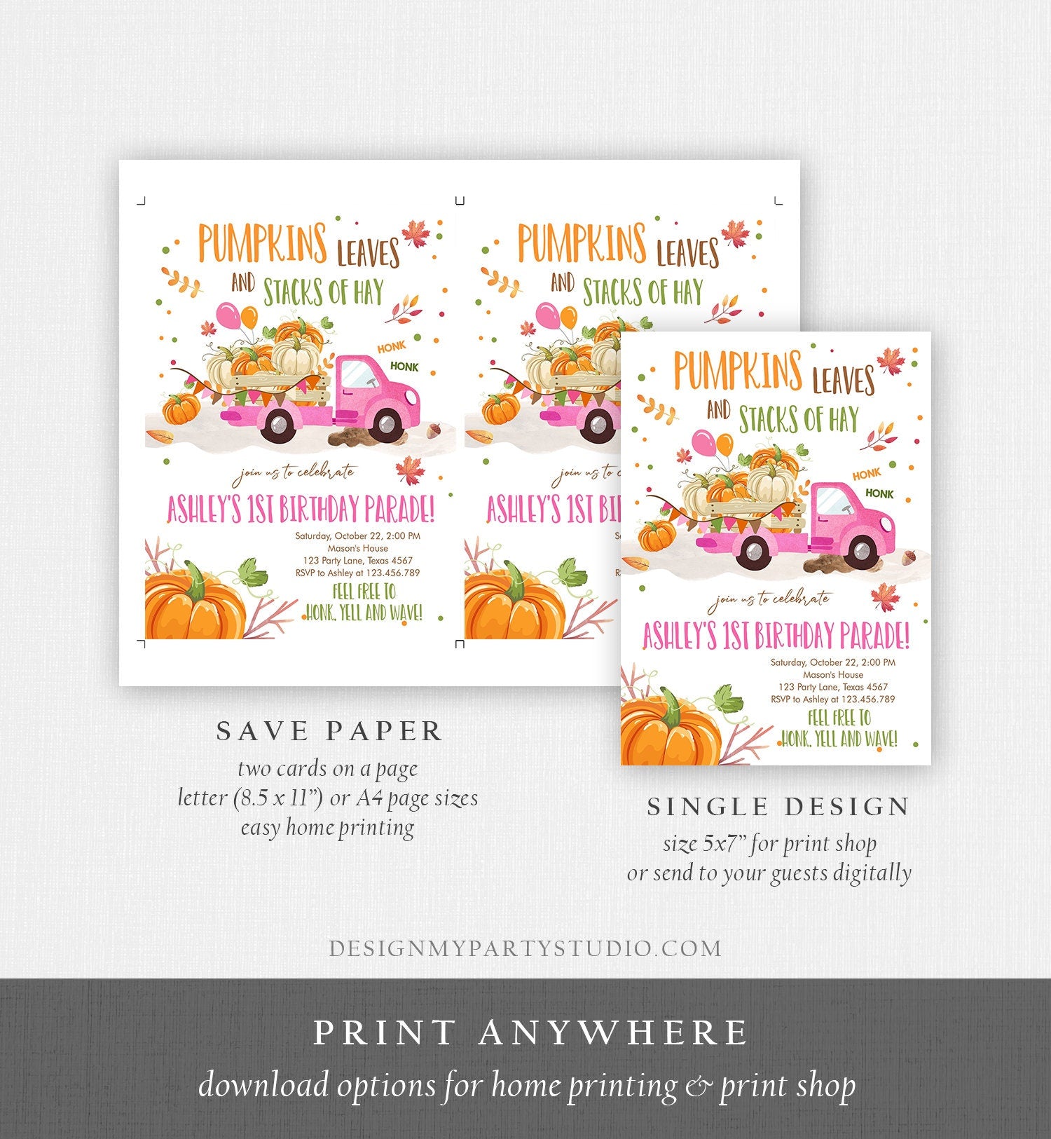 Editable Pumpkin Truck Drive By Birthday Parade Invitation Girl Virtual Party Invite Honk Car Quarantine Fall Download Digital Corjl 0153