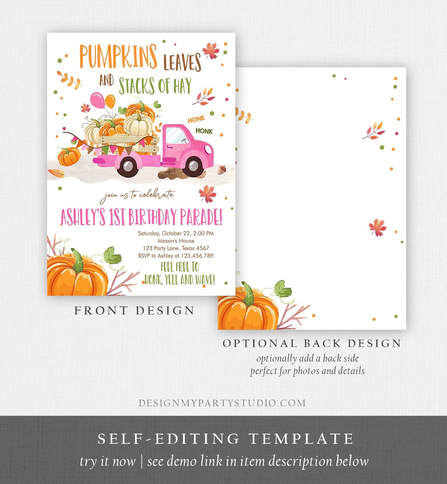 Editable Pumpkin Truck Drive By Birthday Parade Invitation Girl Virtual Party Invite Honk Car Quarantine Fall Download Digital Corjl 0153