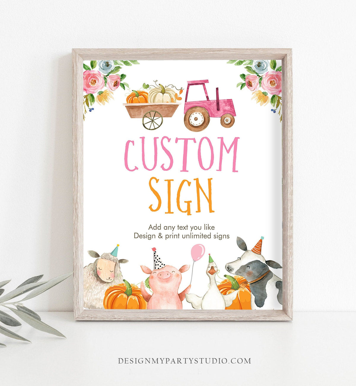 Editable Custom Sign Pumpkin Farm Animals Sign Pink Barnyard Birthday Decorations Girl Fall Table Sign Decor 8x10 Download PRINTABLE 0155