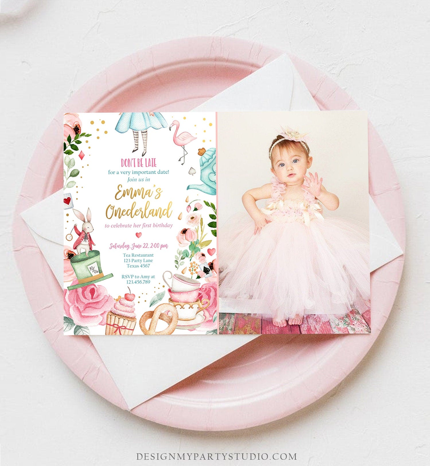 Editable Alice In Wonderland Birthday Invitation Girl First Birthday 1st Onederland Tea Party Photo Printable Template Corjl Digital 0350