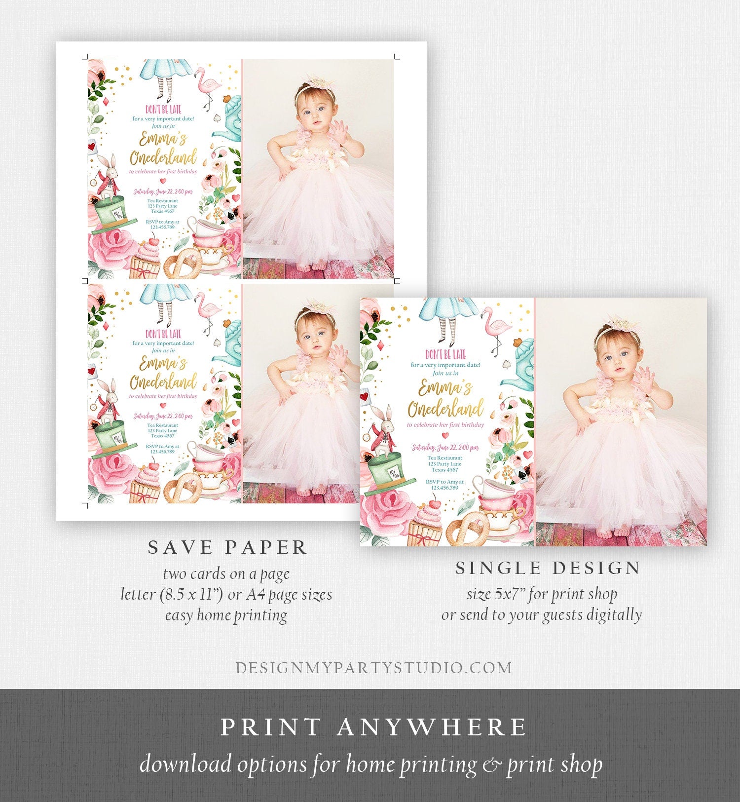 Editable Alice In Wonderland Birthday Invitation Girl First Birthday 1st Onederland Tea Party Photo Printable Template Corjl Digital 0350