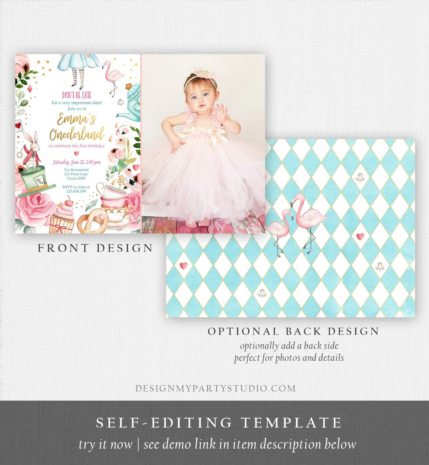 Editable Alice In Wonderland Birthday Invitation Girl First Birthday 1st Onederland Tea Party Photo Printable Template Corjl Digital 0350