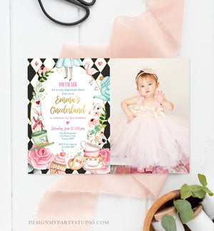 Editable Alice In Wonderland Birthday Invitation Girl First Birthday 1st Onederland Tea Party Photo Printable Template Corjl Digital 0350