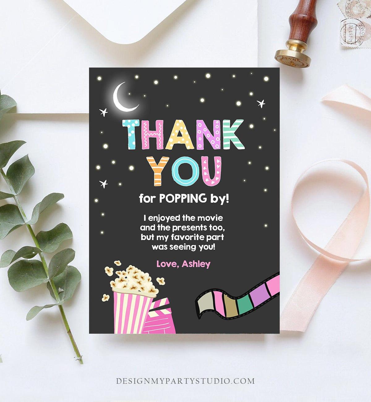 Editable Movie Night Thank You Card Under the Stars Backyard Movie Night Party Birthday Popping By Download Printable Template Corjl 0042