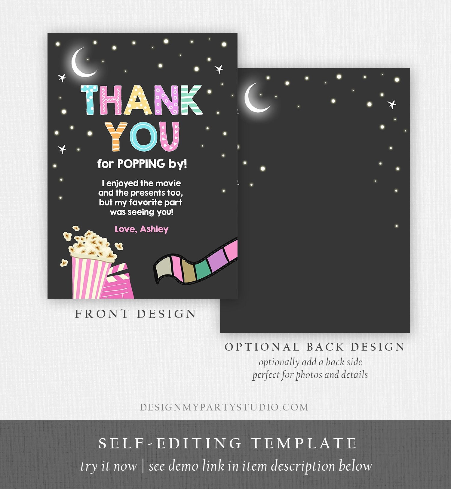 Editable Movie Night Thank You Card Under the Stars Backyard Movie Night Party Birthday Popping By Download Printable Template Corjl 0042