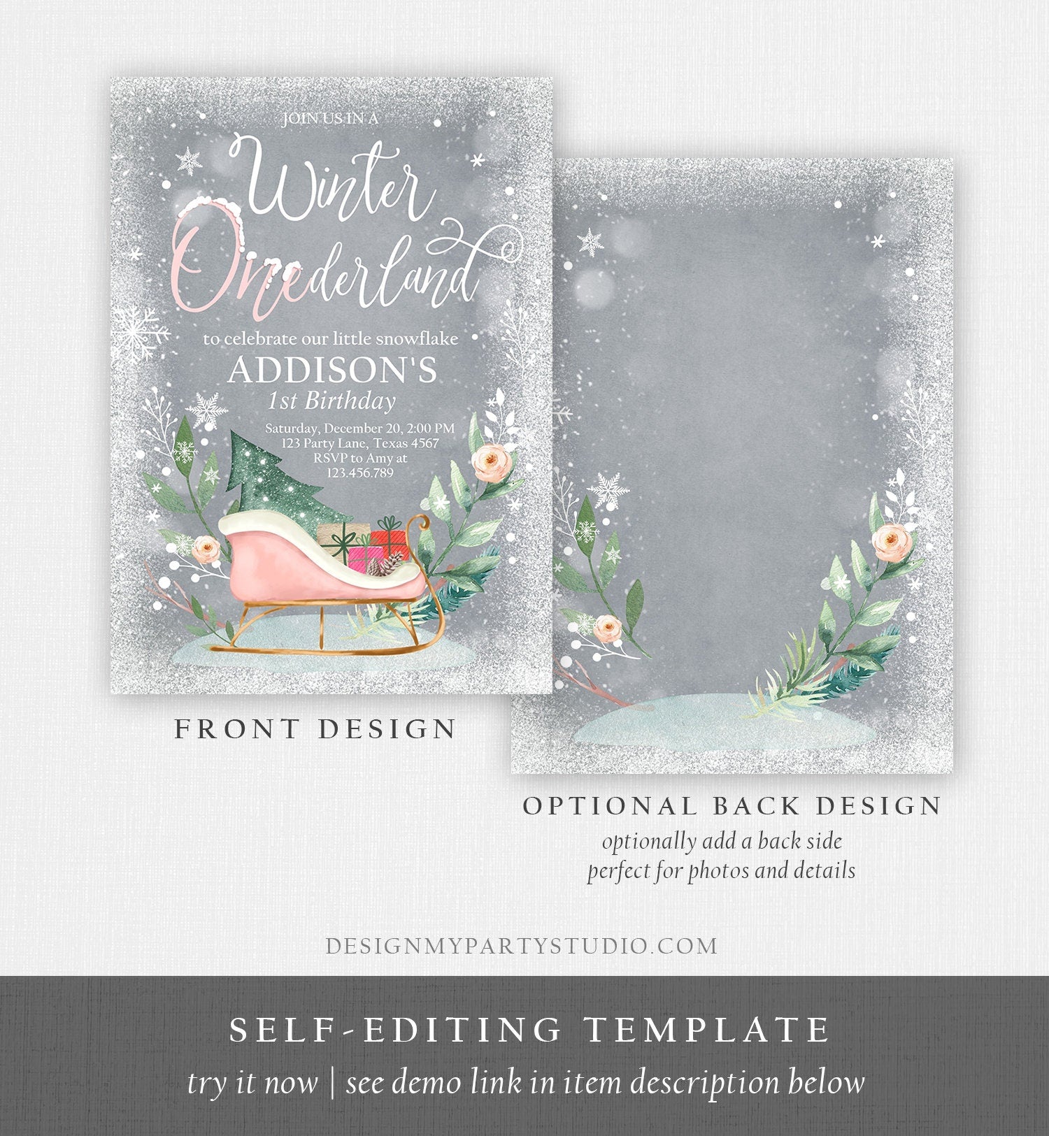 Editable Winter Onederland Invitation 1st Birthday Girl Blush Pink Gold Christmas Sleigh Little Snowflake Floral Printable Template DIY 0353