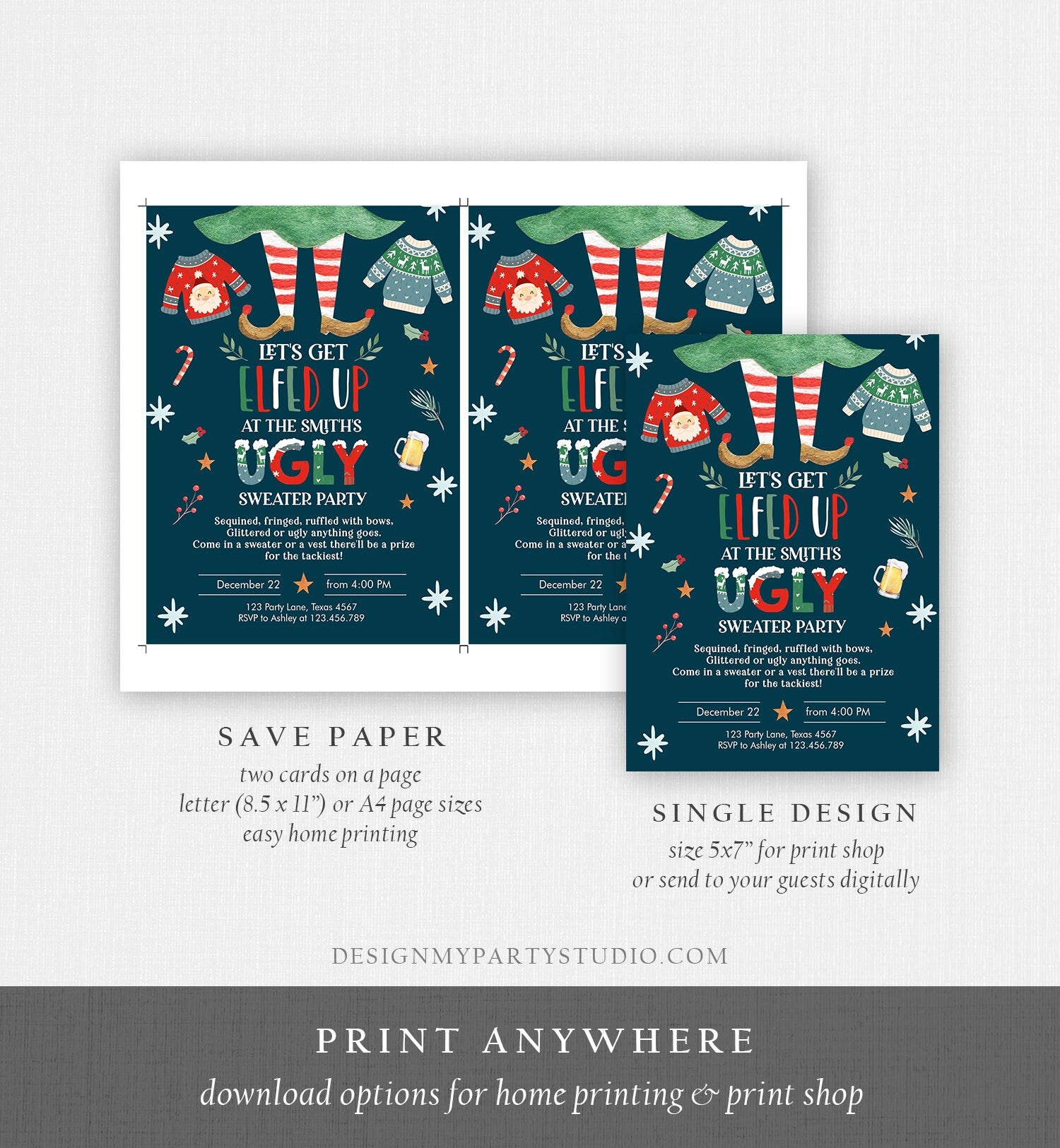 Editable Let's Get Elfed Up Christmas Party Invitation Framily Holiday Invitation Ugly Sweater Invite Elf Printable Corjl Template 0354