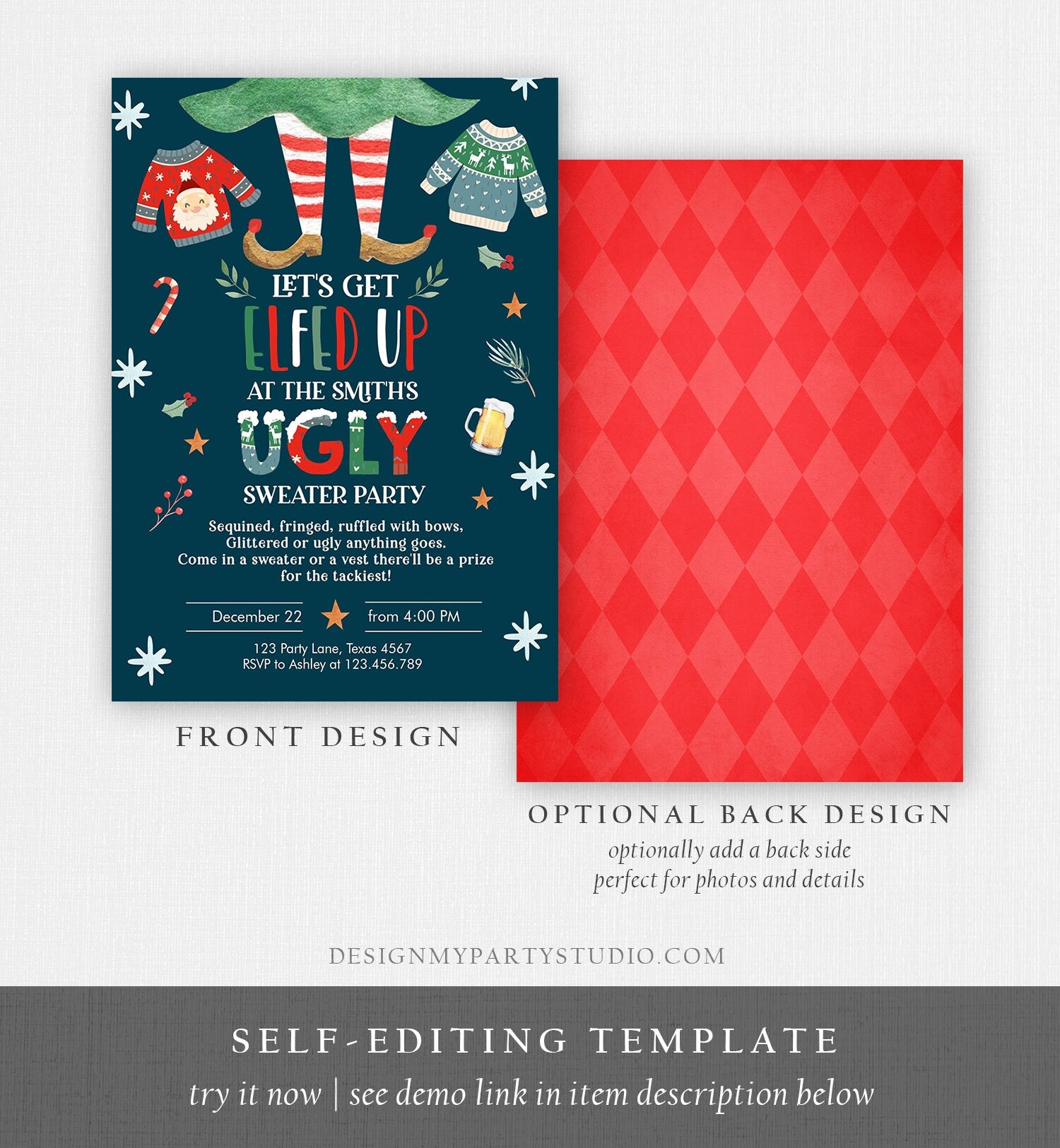 Editable Let's Get Elfed Up Christmas Party Invitation Framily Holiday Invitation Ugly Sweater Invite Elf Printable Corjl Template 0354