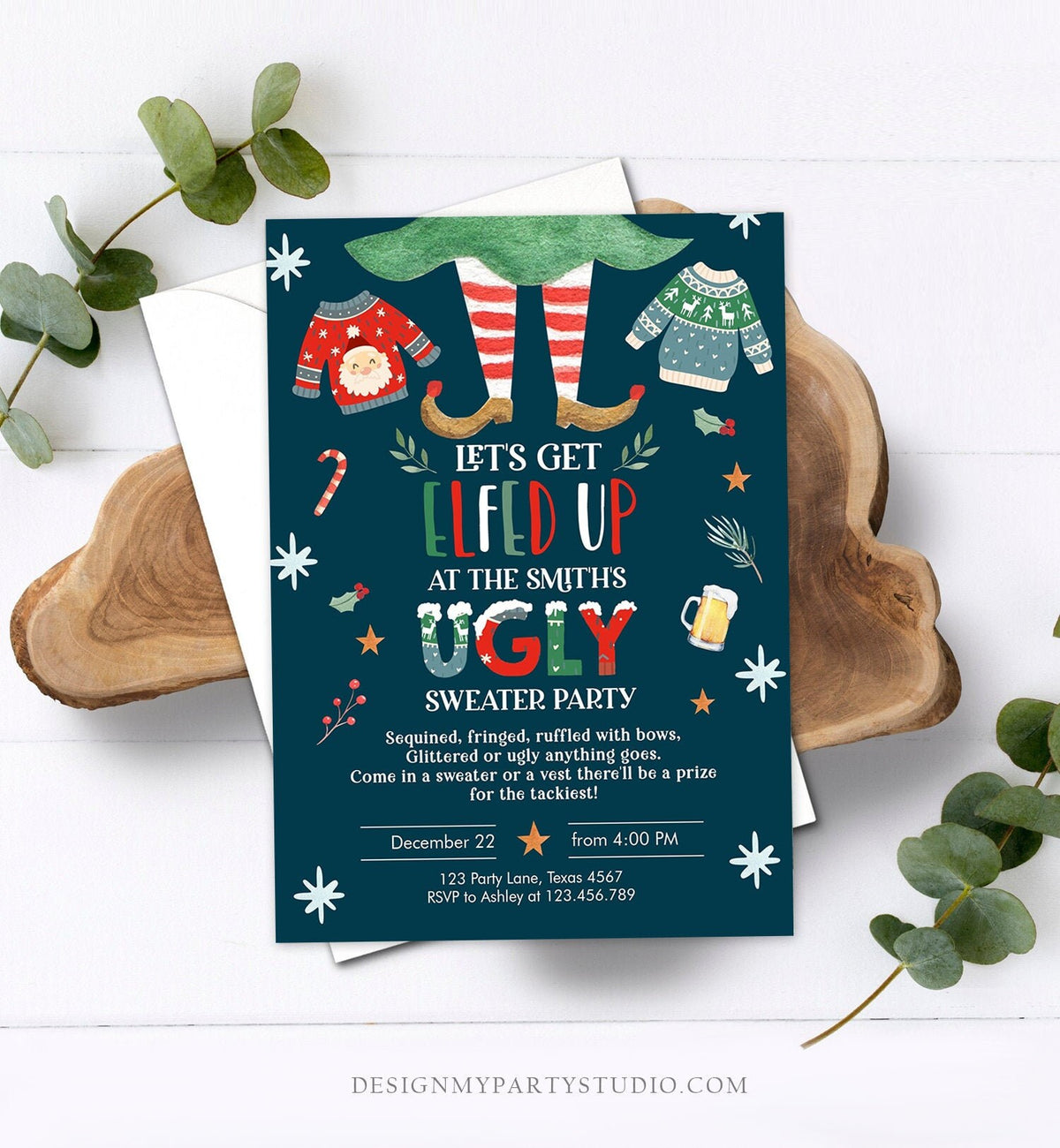 Editable Let&#39;s Get Elfed Up Christmas Party Invitation Framily Holiday Invitation Ugly Sweater Invite Elf Printable Corjl Template 0354