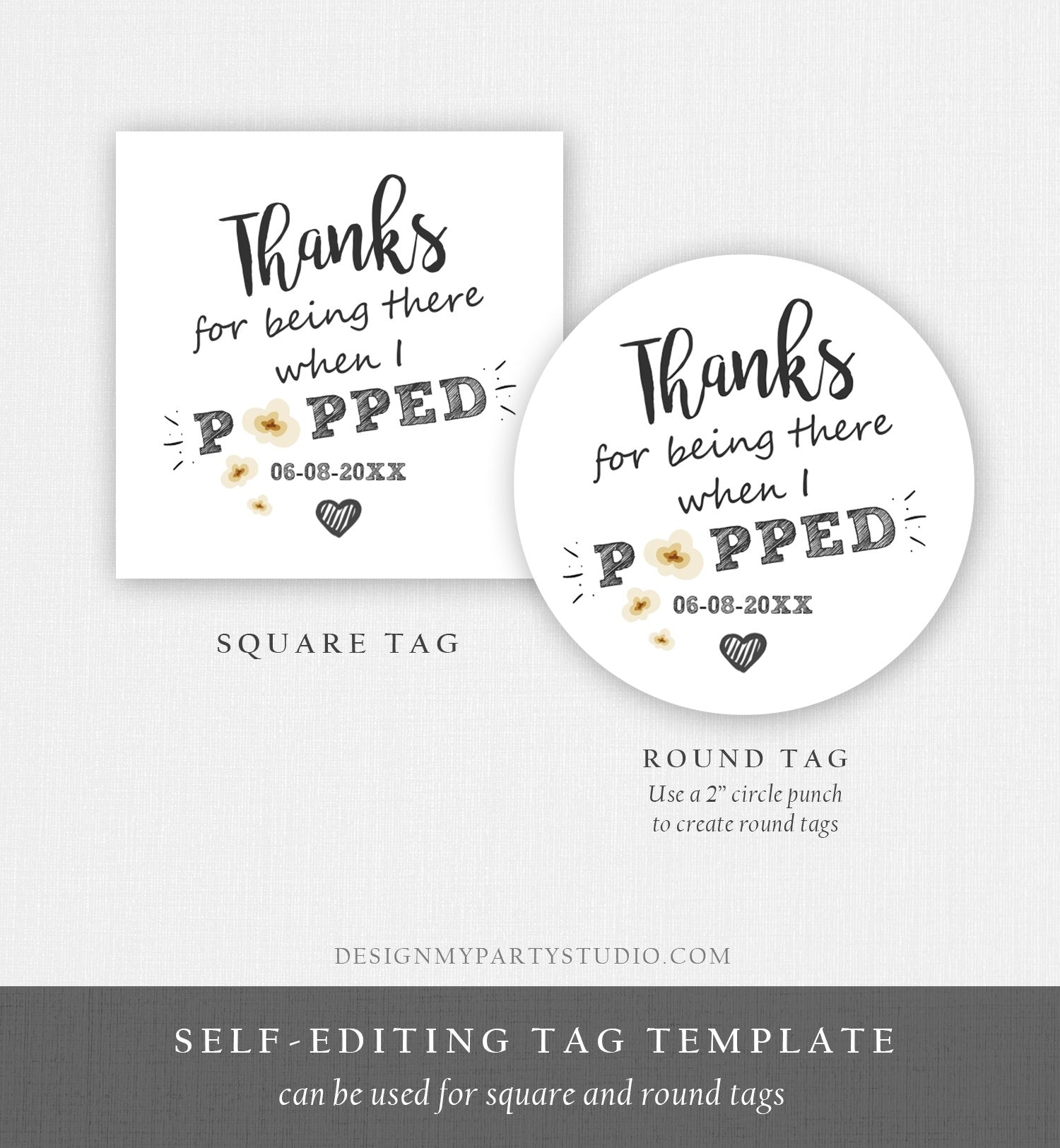 Editable Thanks When I Popped Gift Popcorn Favor Tag Popping Being There Bridal Shower Wedding Birthday Party Stickers Template Corjl 0110