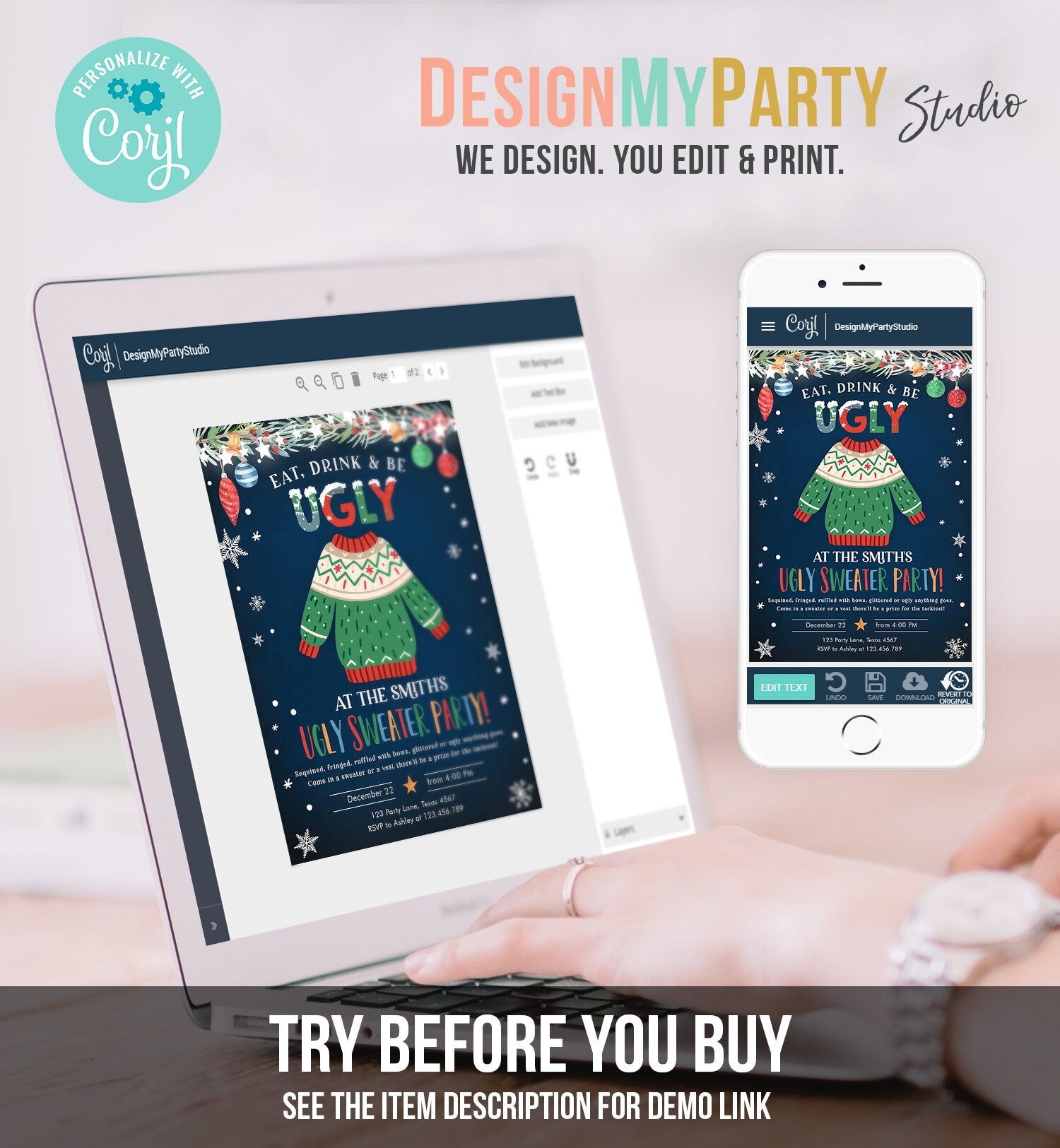 Editable Ugly Sweater Christmas Party Invitation Eat Drink And Be Ugly Rustic Family Birthday Tacky Party Printable Corjl Template 0354