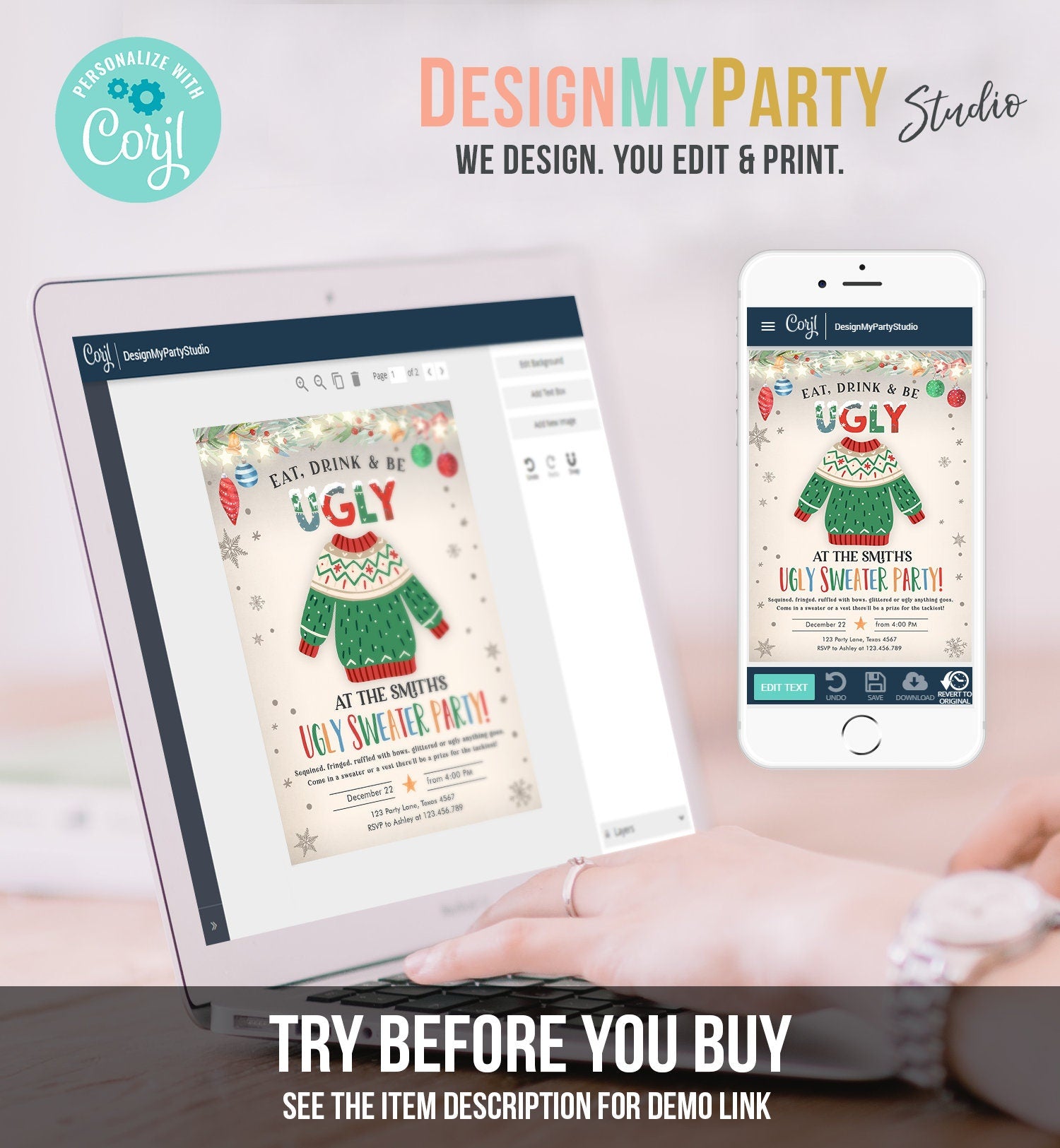 Editable Ugly Sweater Christmas Party Invitation Eat Drink And Be Ugly Rustic Family Birthday Tacky Party Printable Corjl Template 0354