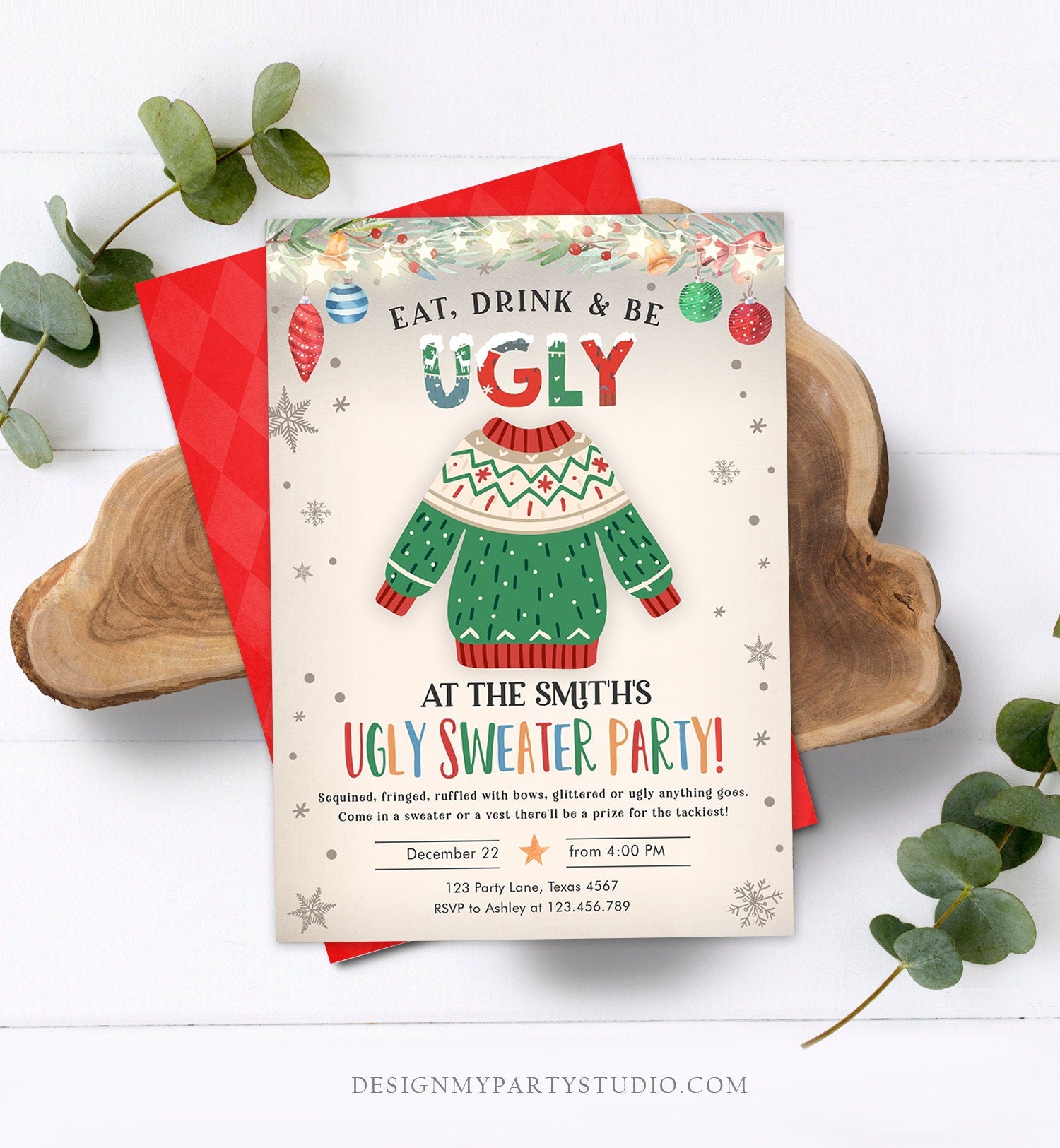 Editable Ugly Sweater Christmas Party Invitation Eat Drink And Be Ugly Rustic Family Birthday Tacky Party Printable Corjl Template 0354