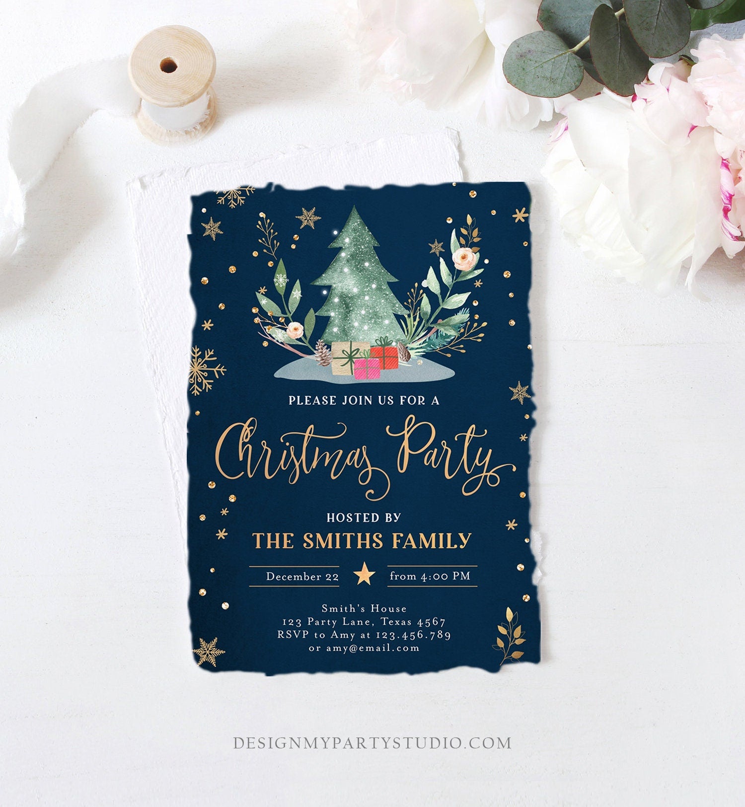 Editable Christmas Party Invitation Holiday Company It's Cold Outside Business Family Pink Gold Tree Corjl Template Download Printable 0353