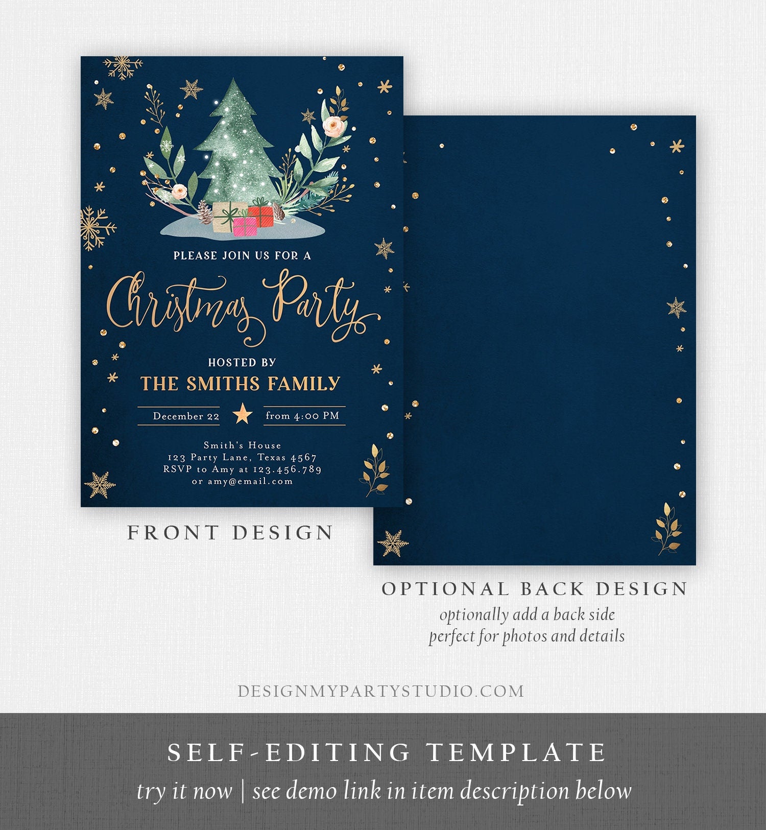 Editable Christmas Party Invitation Holiday Company It's Cold Outside Business Family Pink Gold Tree Corjl Template Download Printable 0353