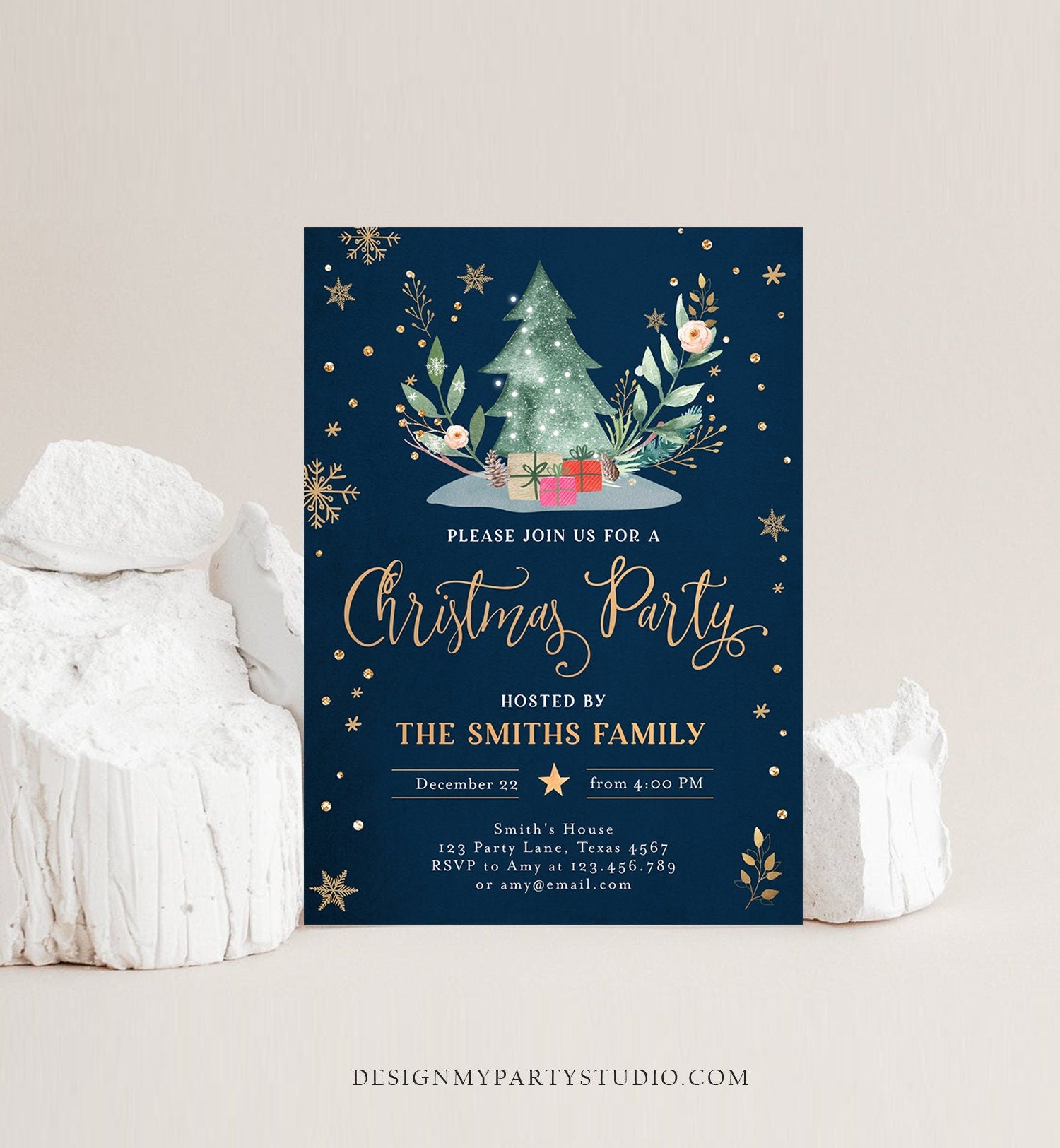 Editable Christmas Party Invitation Holiday Company It's Cold Outside Business Family Pink Gold Tree Corjl Template Download Printable 0353