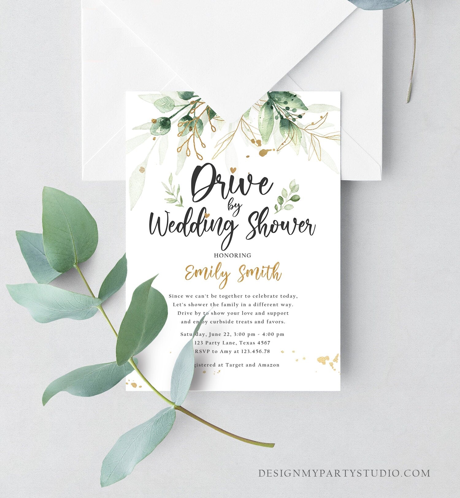 Editable Drive By Wedding Shower Invitation Drive Through Social Distancing Gold Floral Greenery Couples Bridal Shower Corjl Template 0168