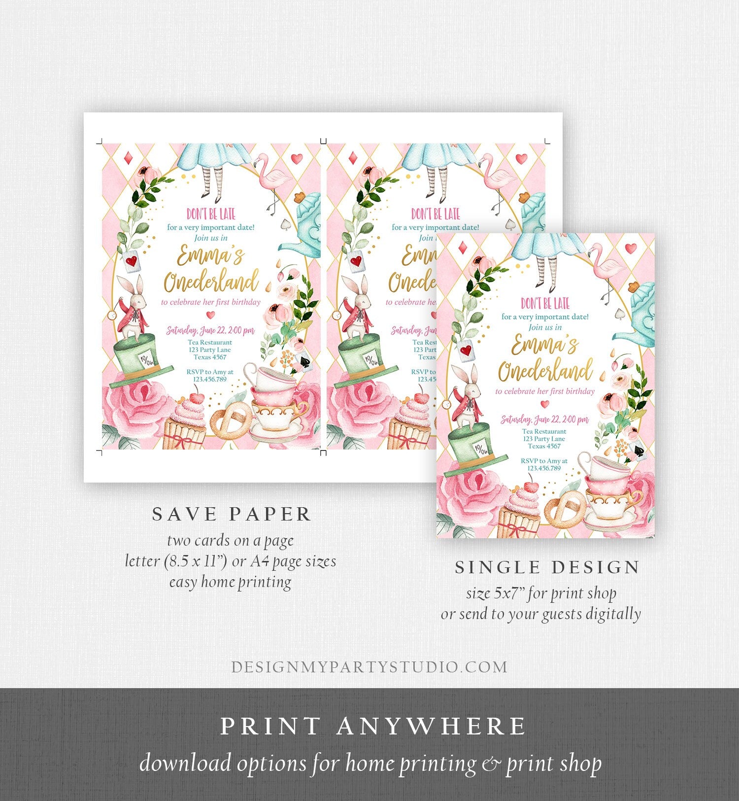 Editable Alice In Wonderland Birthday Invitation Girl First Birthday 1st Onederland Tea Party Pink Printable Template Corjl Digital 0350