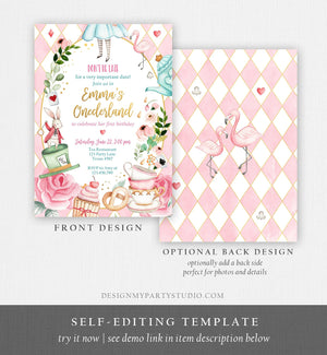 Editable Alice In Wonderland Birthday Invitation Girl First Birthday 1st Onederland Tea Party Pink Printable Template Corjl Digital 0350