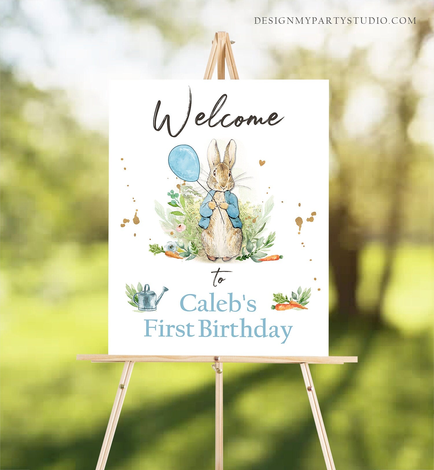 Editable Peter Rabbit Welcome Sign Boy Birthday Baby Shower Welcome 1st Birthday Rabbit Watercolor Bunny Template Corjl PRINTABLE 0351