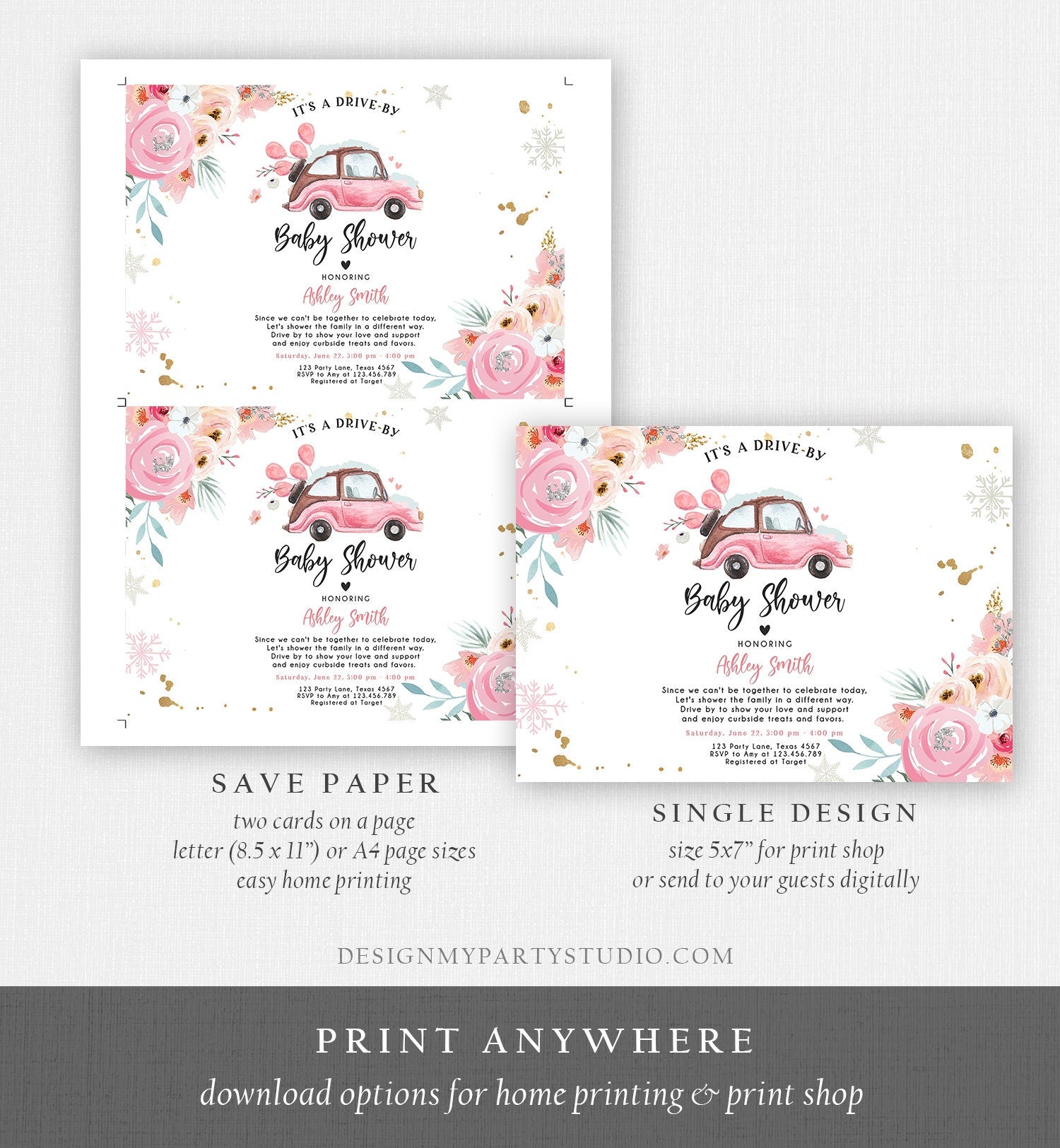 Editable Winter Drive By Baby Shower Invitation Pink Girl Baby Shower Invite Quarantine Drive Through Floral Template Download Corjl 0335