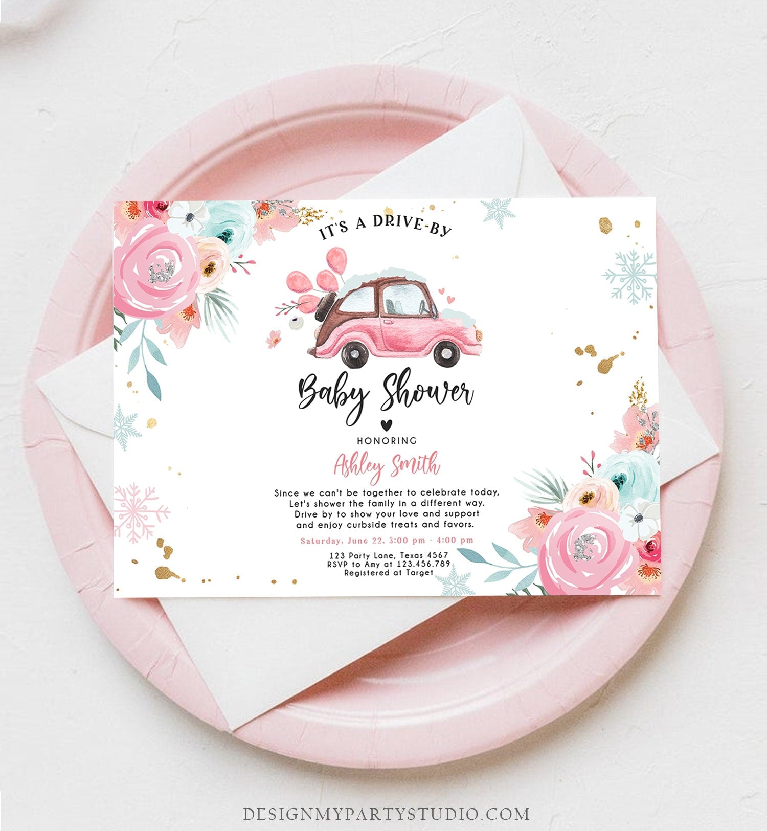 Editable Winter Drive By Baby Shower Invitation Pink Girl Baby Shower Invite Quarantine Drive Through Floral Template Download Corjl 0335