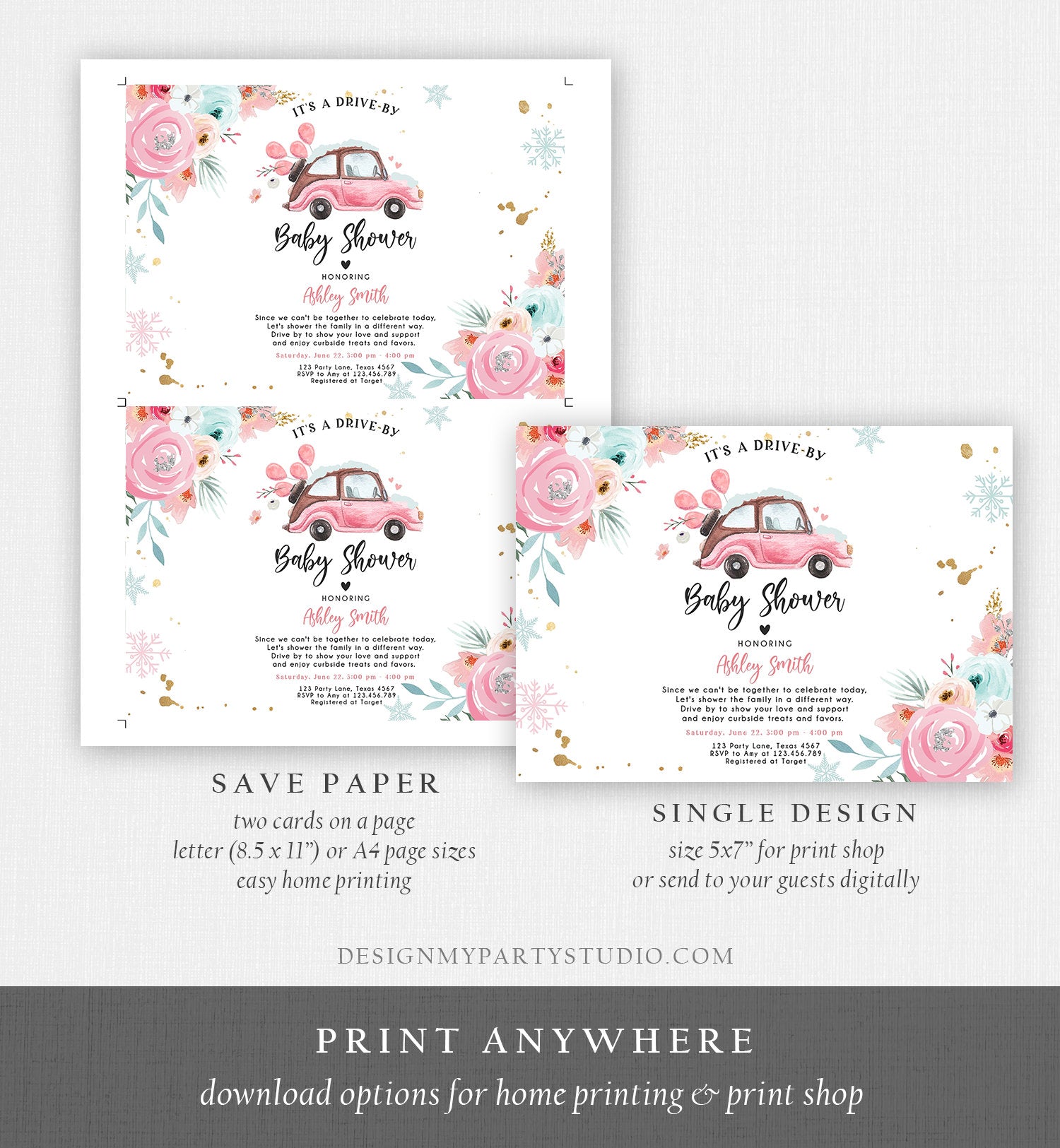 Editable Winter Drive By Baby Shower Invitation Pink Girl Baby Shower Invite Quarantine Drive Through Floral Template Download Corjl 0335