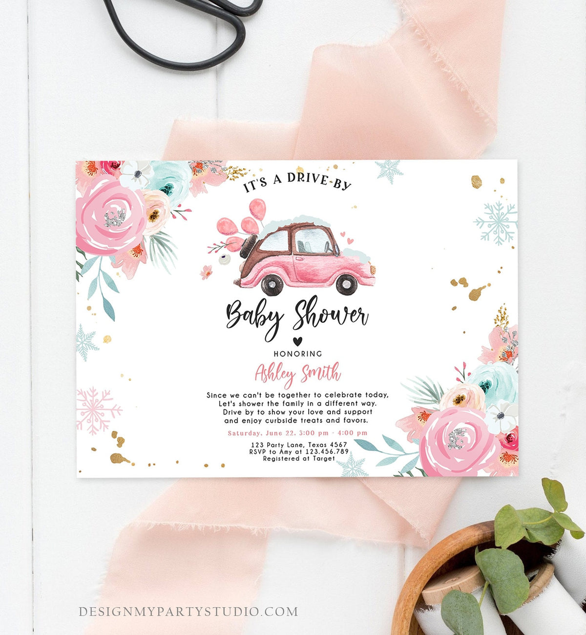 Editable Winter Drive By Baby Shower Invitation Pink Girl Baby Shower Invite Quarantine Drive Through Floral Template Download Corjl 0335