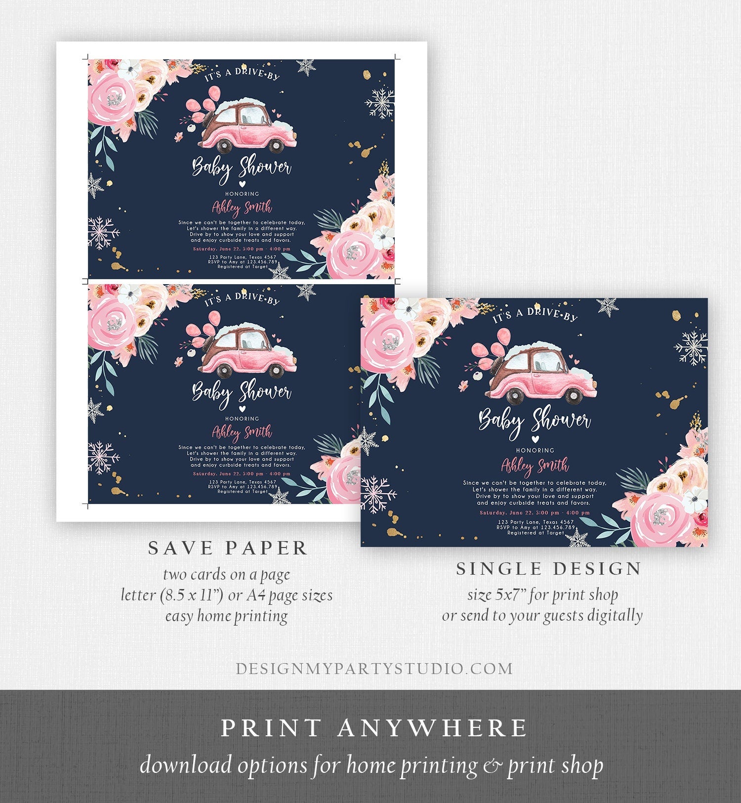 Editable Winter Drive By Baby Shower Invitation Pink Girl Baby Shower Invite Quarantine Drive Through Floral Template Download Corjl 0335