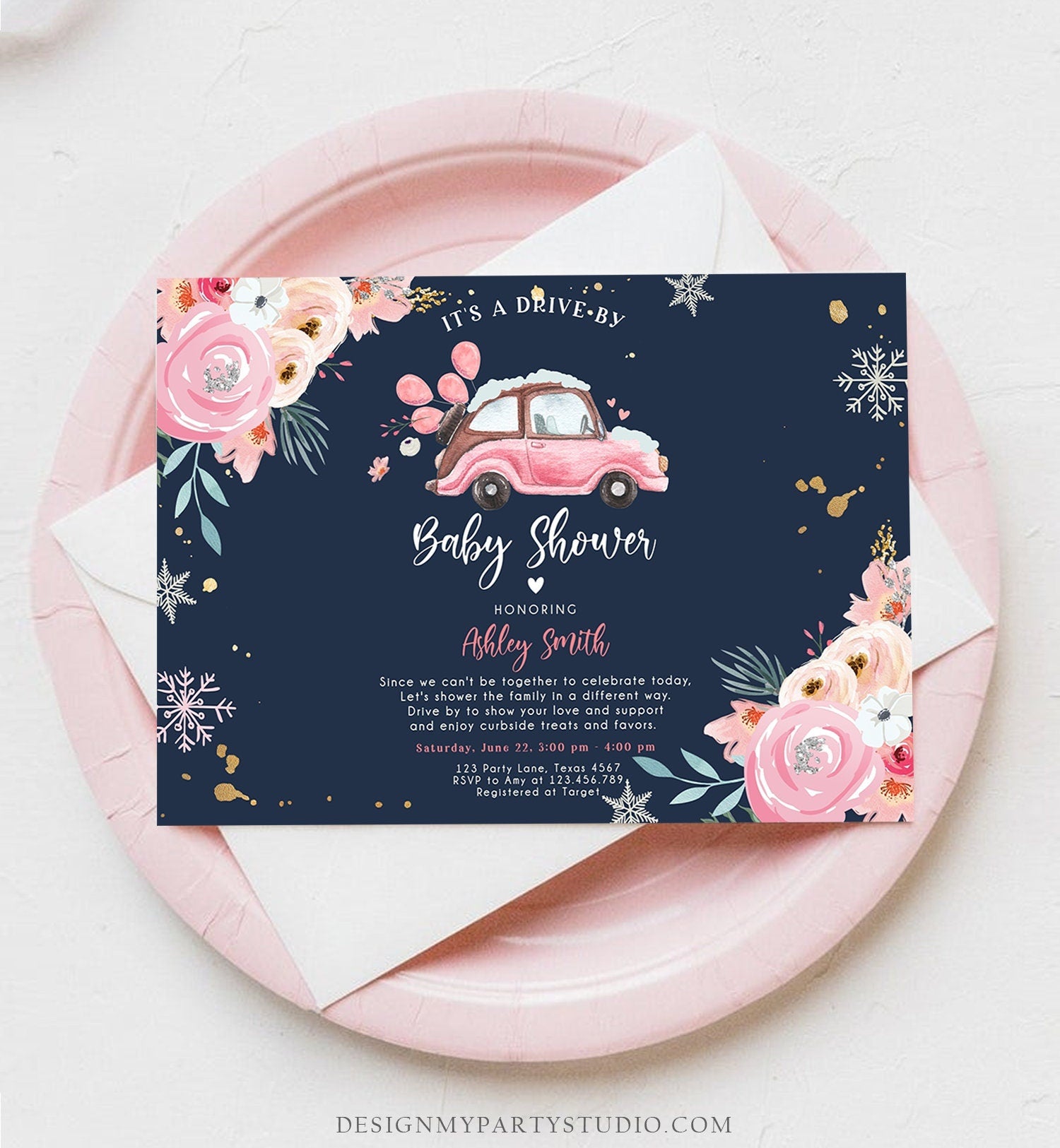 Editable Winter Drive By Baby Shower Invitation Pink Girl Baby Shower Invite Quarantine Drive Through Floral Template Download Corjl 0335