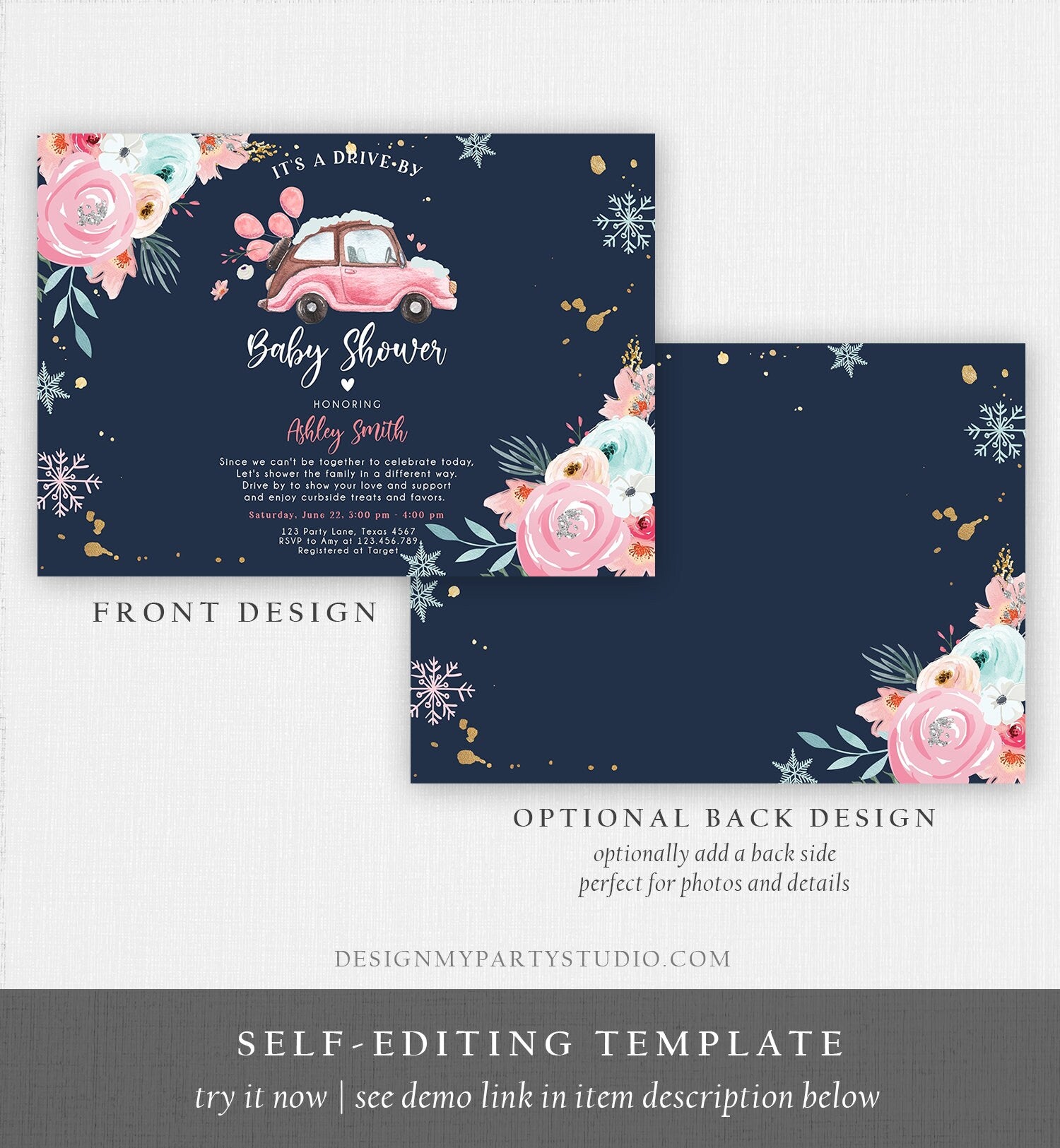 Editable Winter Drive By Baby Shower Invitation Pink Girl Baby Shower Invite Quarantine Drive Through Floral Template Download Corjl 0335