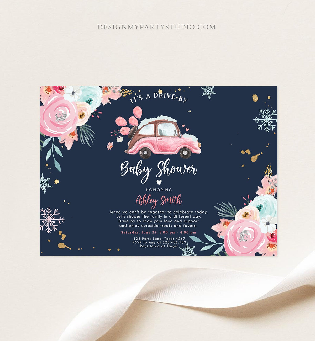 Editable Winter Drive By Baby Shower Invitation Pink Girl Baby Shower Invite Quarantine Drive Through Floral Template Download Corjl 0335