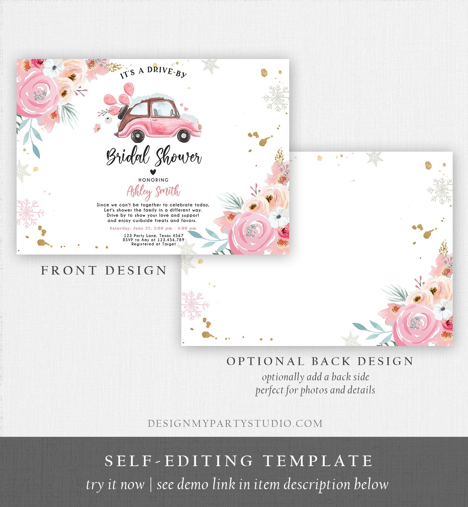 Editable Winter Drive By Bridal Shower Invitation Pink Wedding Shower Invite Quarantine Drive Through Floral Template Download Corjl 0335